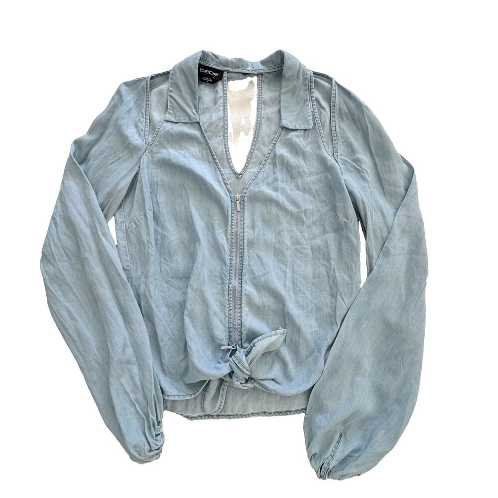 BEBE Womens Blue Chambray Cut Out Detail Tie Blouse M Y2K